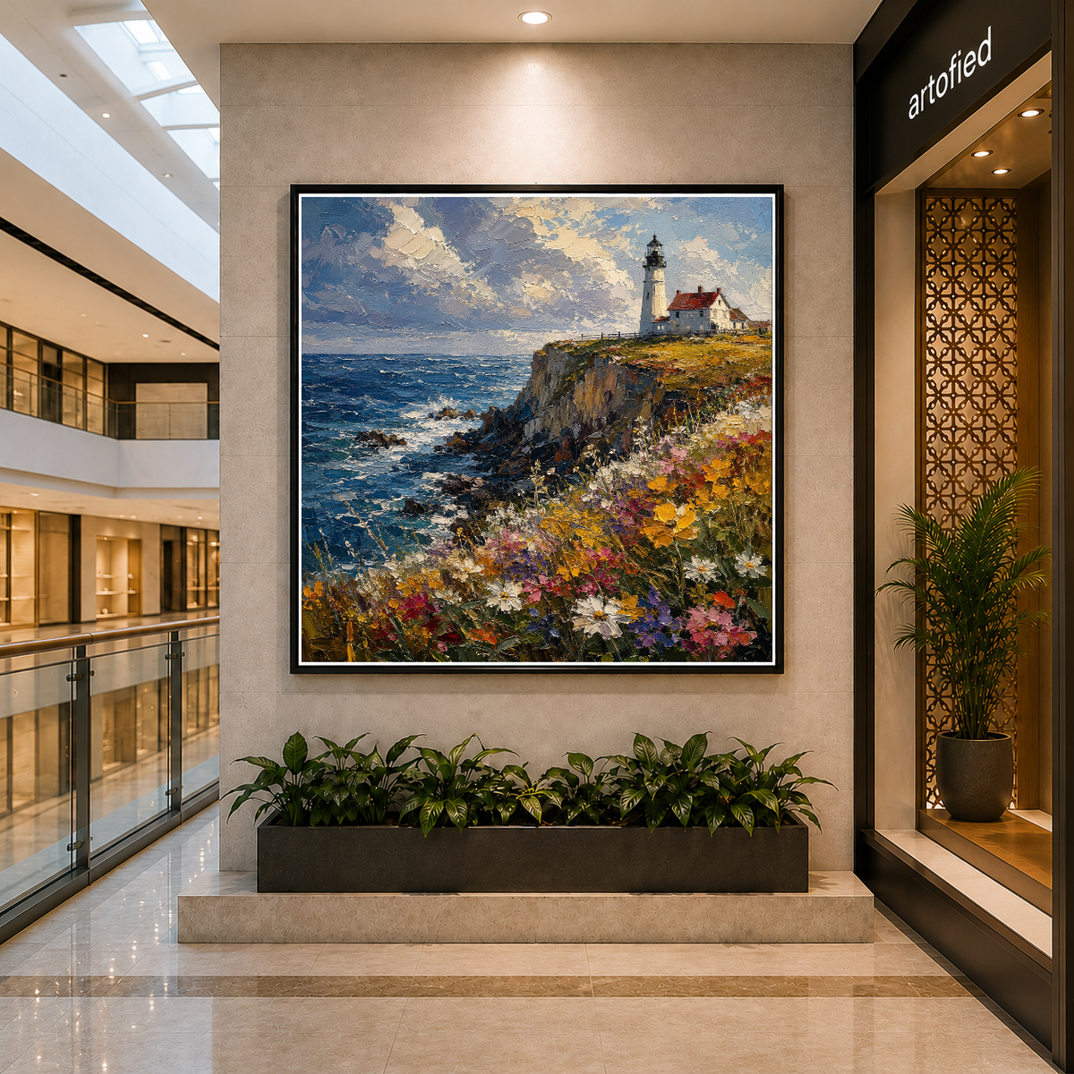 Lighthouse Cliffs with Wildflowers – Wildflowers gold against endless blue – Framed Metal Poster - Artofied
