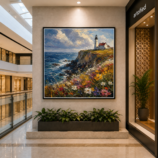 Lighthouse Cliffs with Wildflowers – Wildflowers gold against endless blue – Framed Metal Poster - Artofied