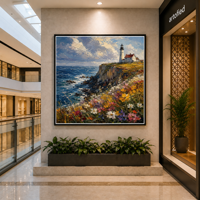 Daytime Lighthouse Meadow – Framed Metal Print Wall Art