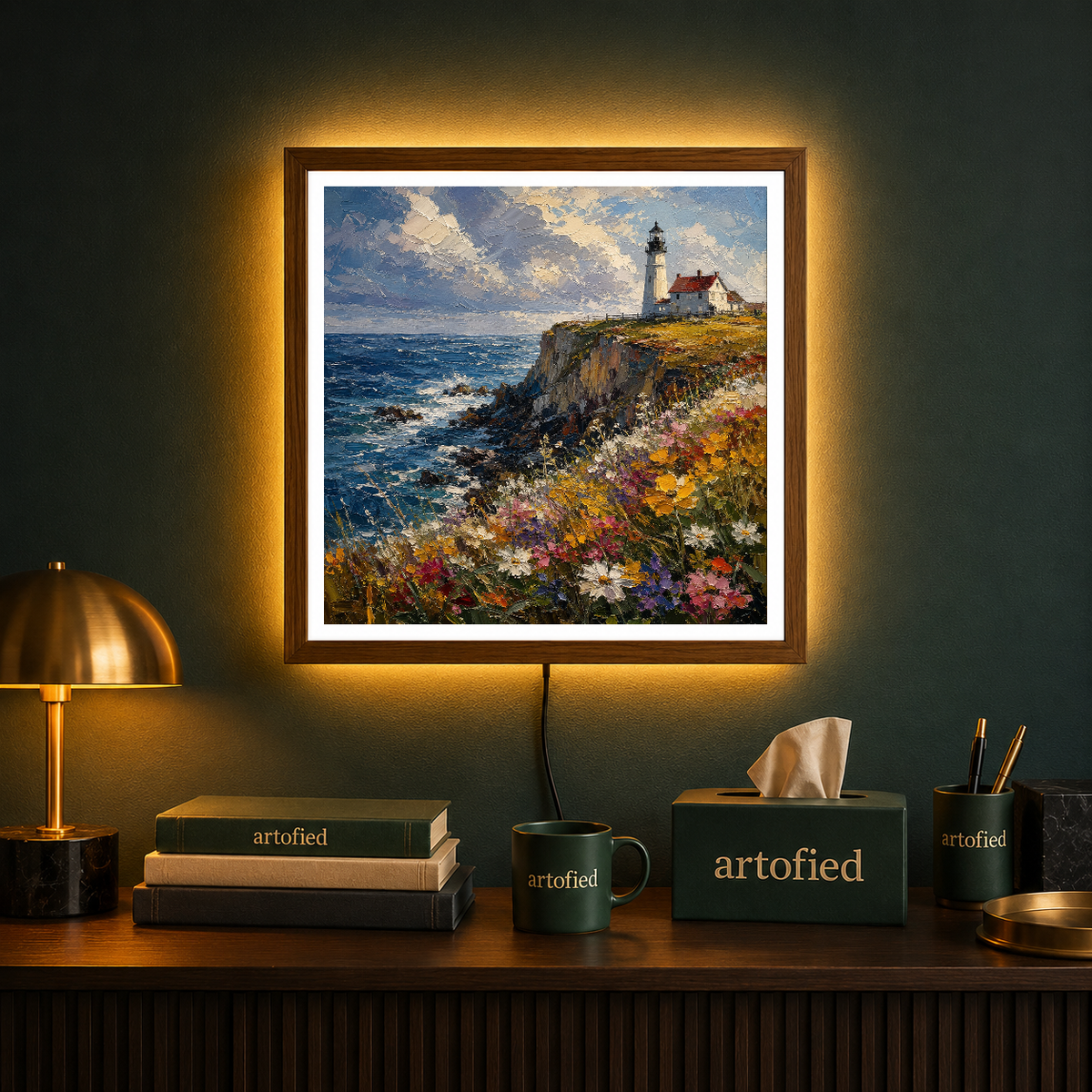 Lighthouse Cliffs with Wildflowers – Wildflowers gold against endless blue – Photo Frame Wall Lamp - Artofied