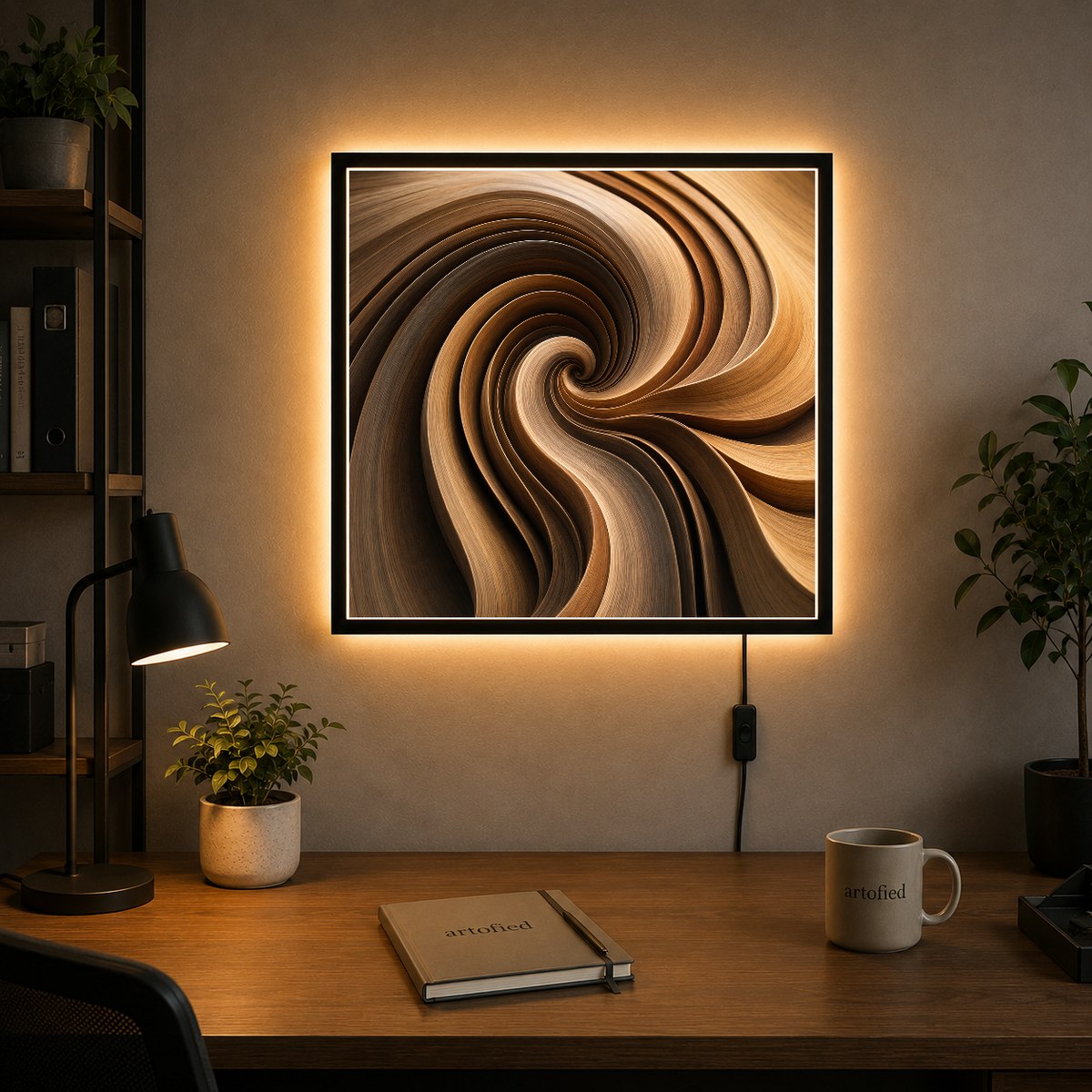 Liquid Amber Spiral – Burnished gold swirling into shadow – Acrylic Glowing Frame - Artofied