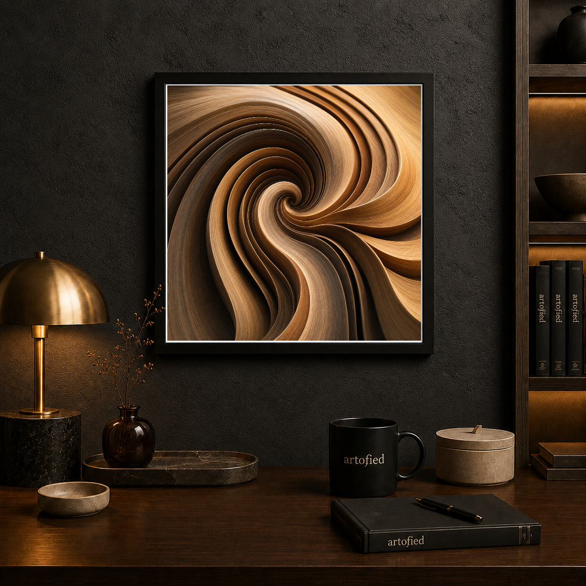 Liquid Amber Spiral – Burnished gold swirling into shadow – Framed Metal Poster - Artofied