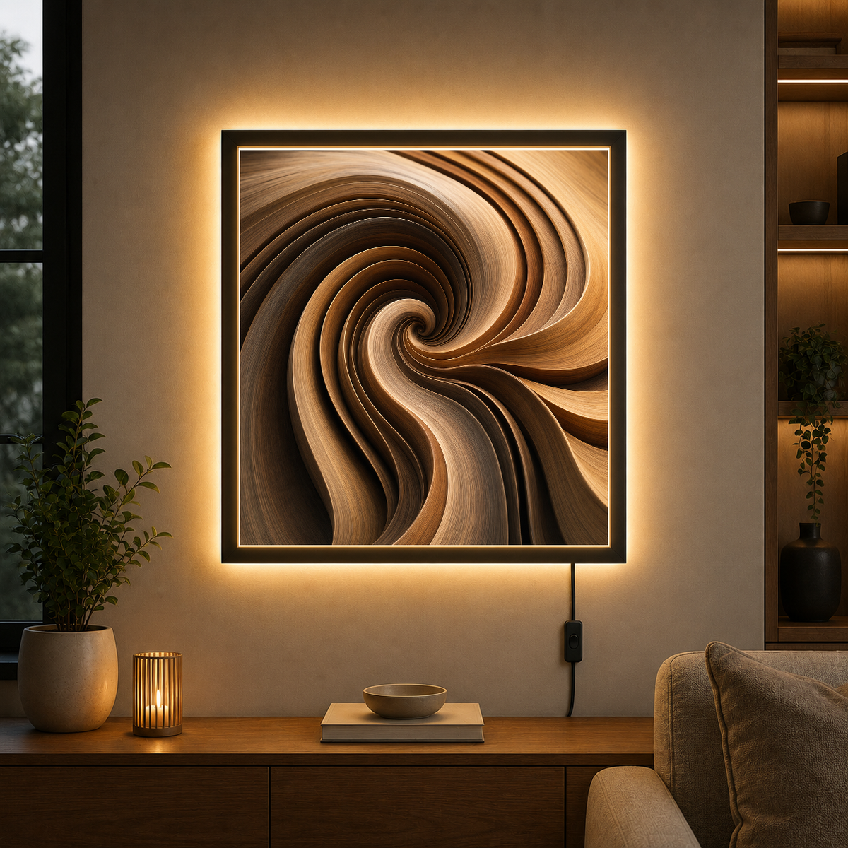 Liquid Amber Spiral – Burnished gold swirling into shadow – Photo Frame Wall Lamp - Artofied
