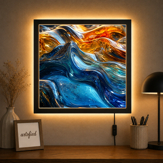 Liquid Gold and Sapphire Waves – Molten gold bleeds into sapphire depths – Acrylic Glowing Frame - Artofied