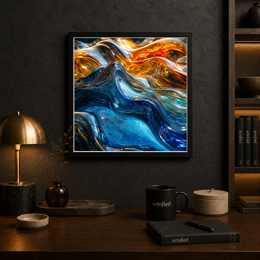 Liquid Gold and Sapphire Waves – Molten gold bleeds into sapphire depths – Framed Metal Poster - Artofied