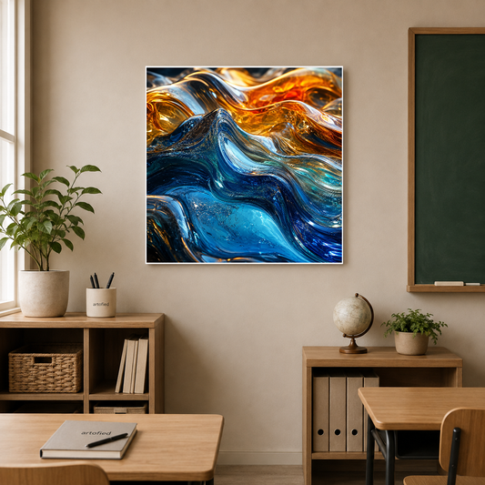 Liquid Gold and Sapphire Waves – Molten gold bleeds into sapphire depths – Premium Metal Poster - Artofied