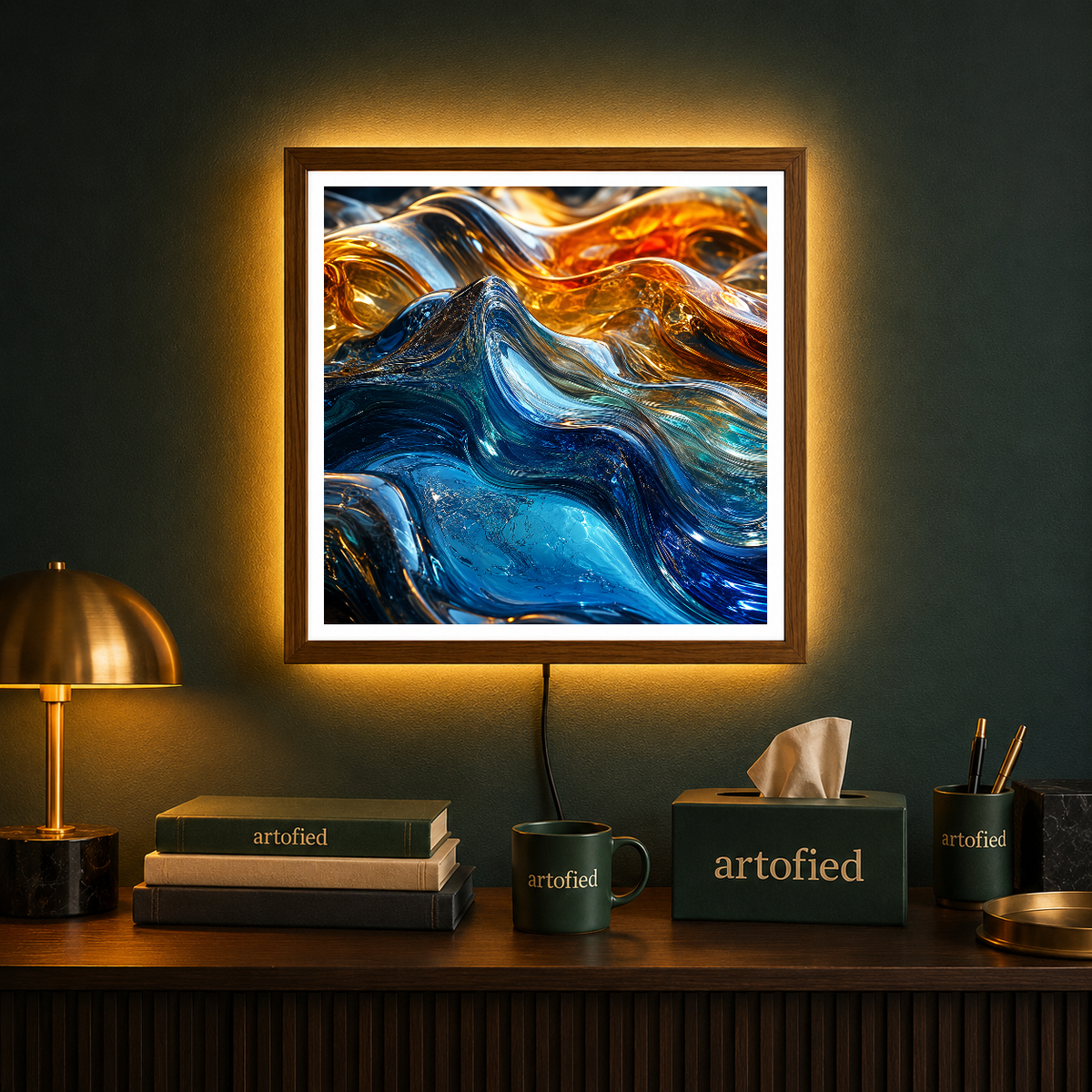 Liquid Gold and Sapphire Waves – Molten gold bleeds into sapphire depths – Photo Frame Wall Lamp - Artofied