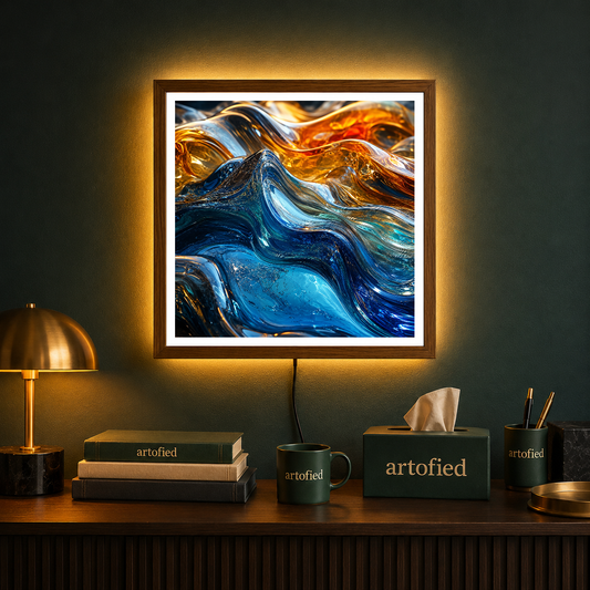 Liquid Gold and Sapphire Waves – Molten gold bleeds into sapphire depths – Photo Frame Wall Lamp - Artofied