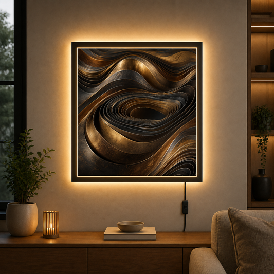 Liquid Gold: Waves of Motion – Bronze and gold cascade in sculptural waves – Acrylic Glowing Frame - Artofied