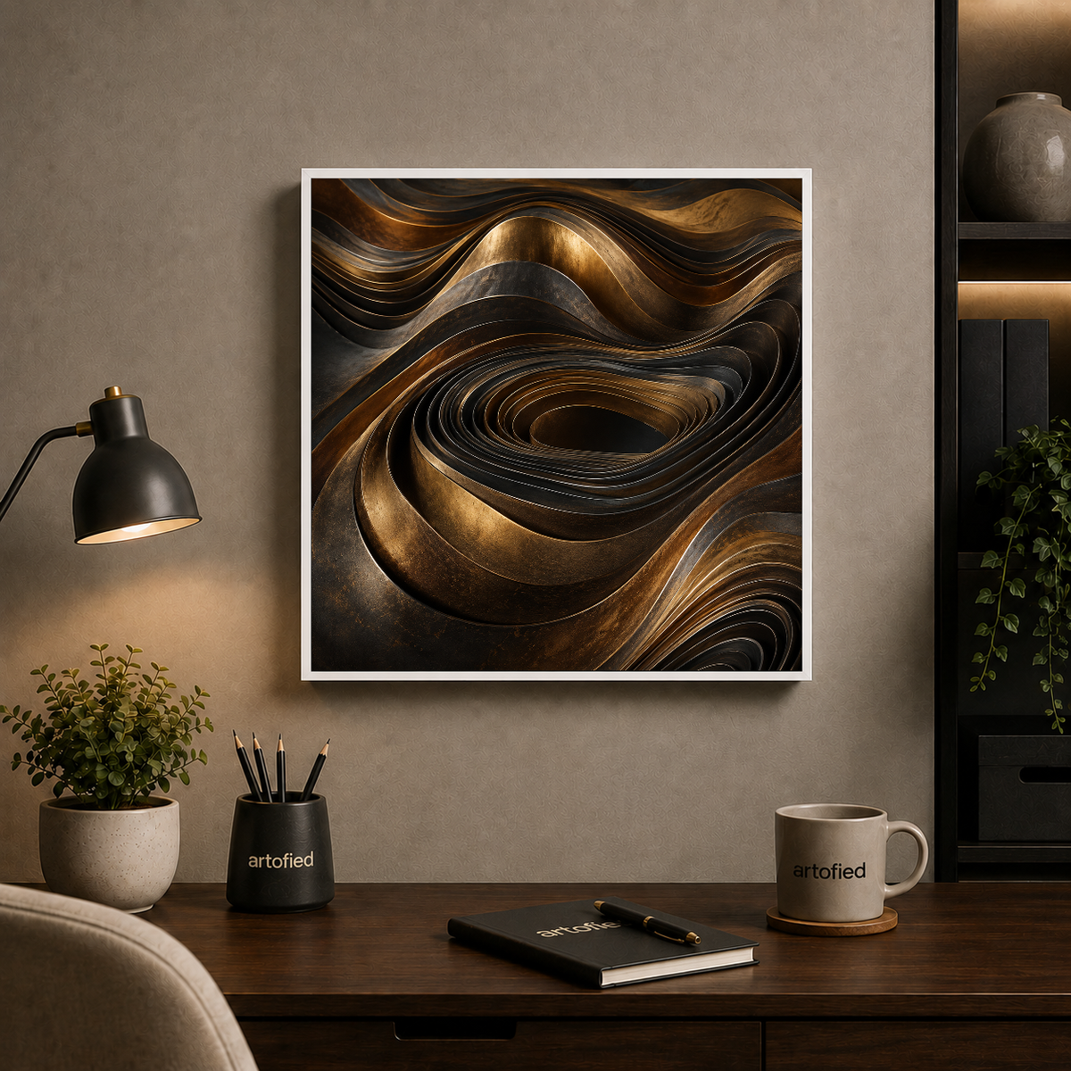 Liquid Gold: Waves of Motion – Bronze and gold cascade in sculptural waves – Framed Metal Poster - Artofied