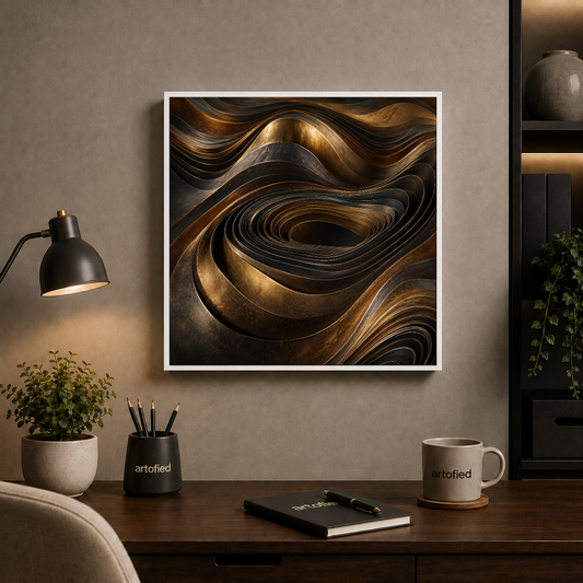 Liquid Gold: Waves of Motion – Bronze and gold cascade in sculptural waves – Framed Metal Poster - Artofied