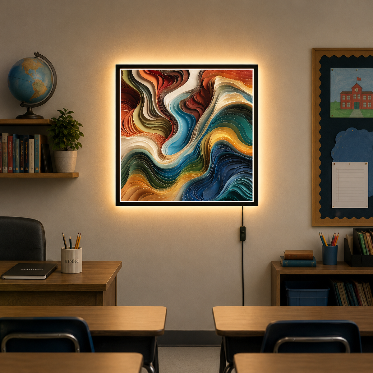 Liquid Motion: Waves of Reverie – Burnt orange swirls through teal depths – Acrylic Glowing Frame - Artofied