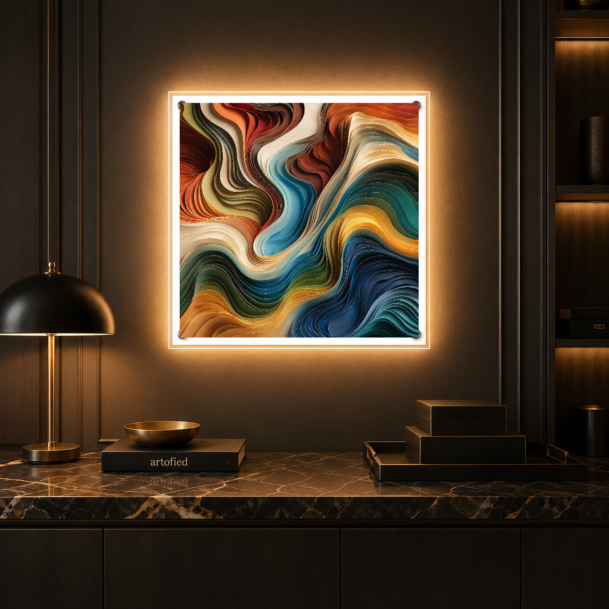 Liquid Motion: Waves of Reverie – Burnt orange swirls through teal depths – Photo Frame Wall Lamp - Artofied