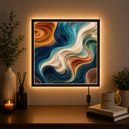 Liquid Reverie: Flowing Currents – Gold swirls through shifting ocean depths – Acrylic Glowing Frame - Artofied