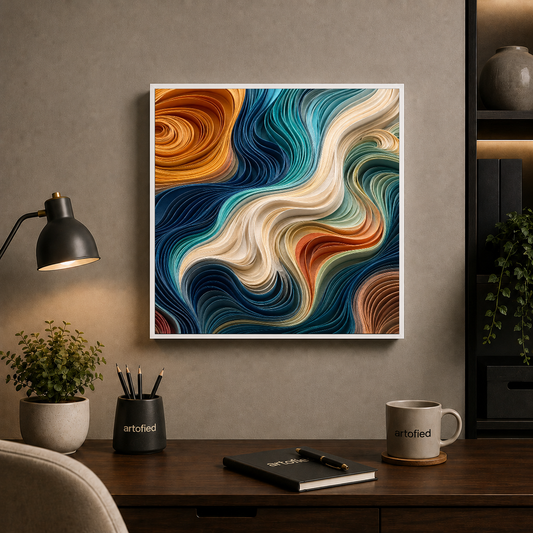 Liquid Reverie: Flowing Currents – Gold swirls through shifting ocean depths – Framed Metal Poster - Artofied