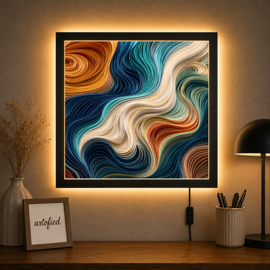 Liquid Reverie: Flowing Currents – Gold swirls through shifting ocean depths – Photo Frame Wall Lamp - Artofied