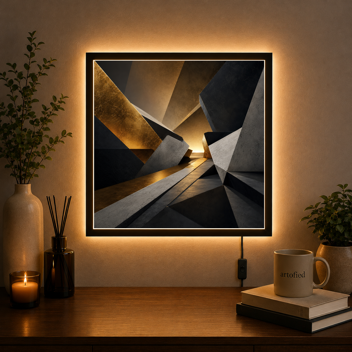 Luminous Corridors of Light – Golden light spilling through geometric planes – Acrylic Glowing Frame - Artofied