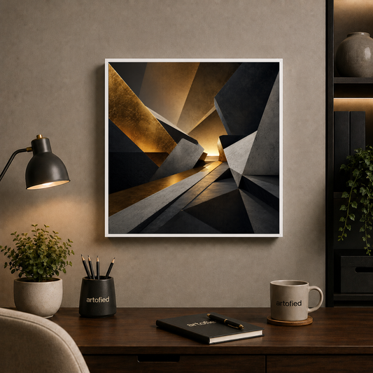 Luminous Corridors of Light – Golden light spilling through geometric planes – Framed Metal Poster - Artofied