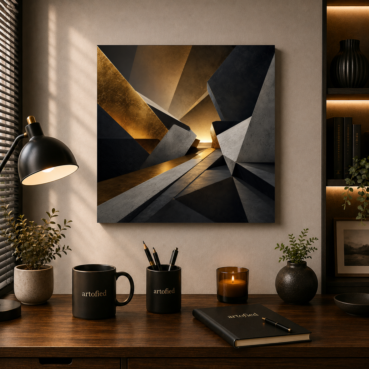 Luminous Corridors of Light – Golden light spilling through geometric planes – Premium Metal Poster - Artofied