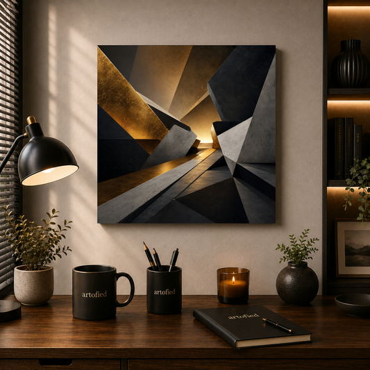 Luminous Corridors of Light – Golden light spilling through geometric planes – Premium Metal Poster - Artofied