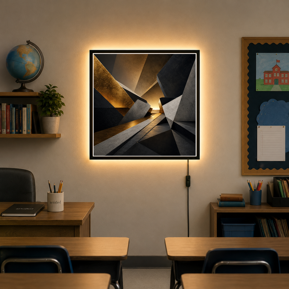 Luminous Corridors of Light – Golden light spilling through geometric planes – Photo Frame Wall Lamp - Artofied