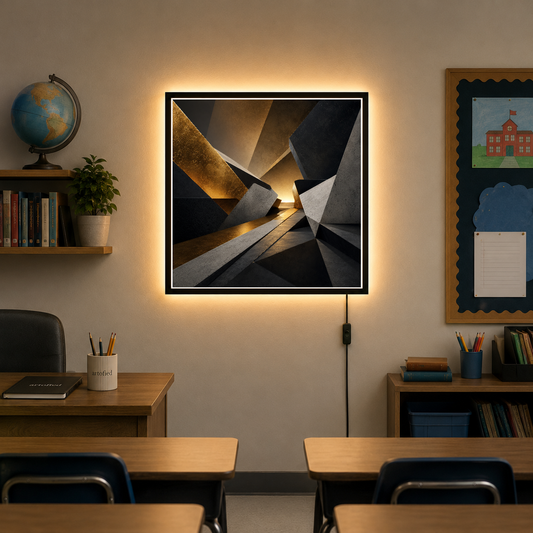 Luminous Corridors of Light – Golden light spilling through geometric planes – Photo Frame Wall Lamp - Artofied
