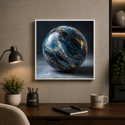 Luminous Earth: A Celestial Sphere – Golden continents glow against the void. – Framed Metal Poster - Artofied
