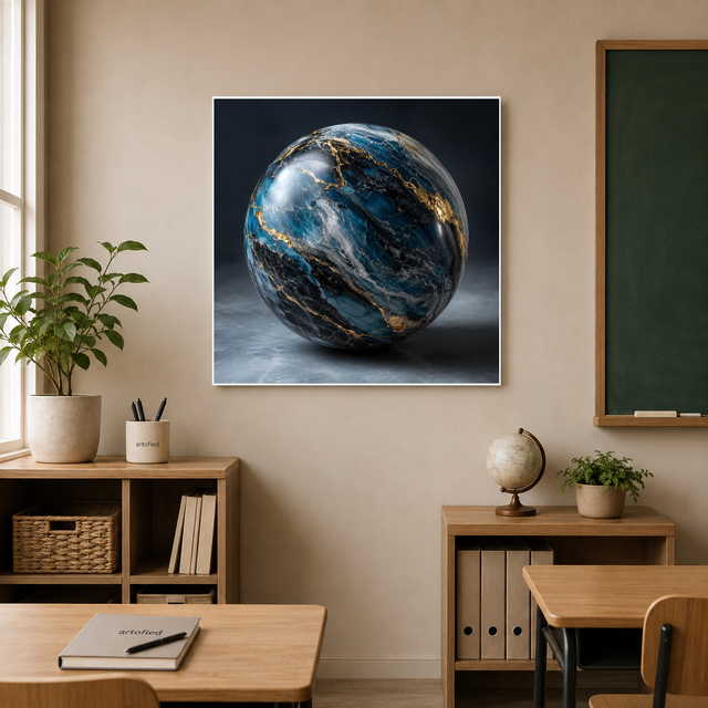 Marble Sphere in Blue and Gold – Metal Wall Art