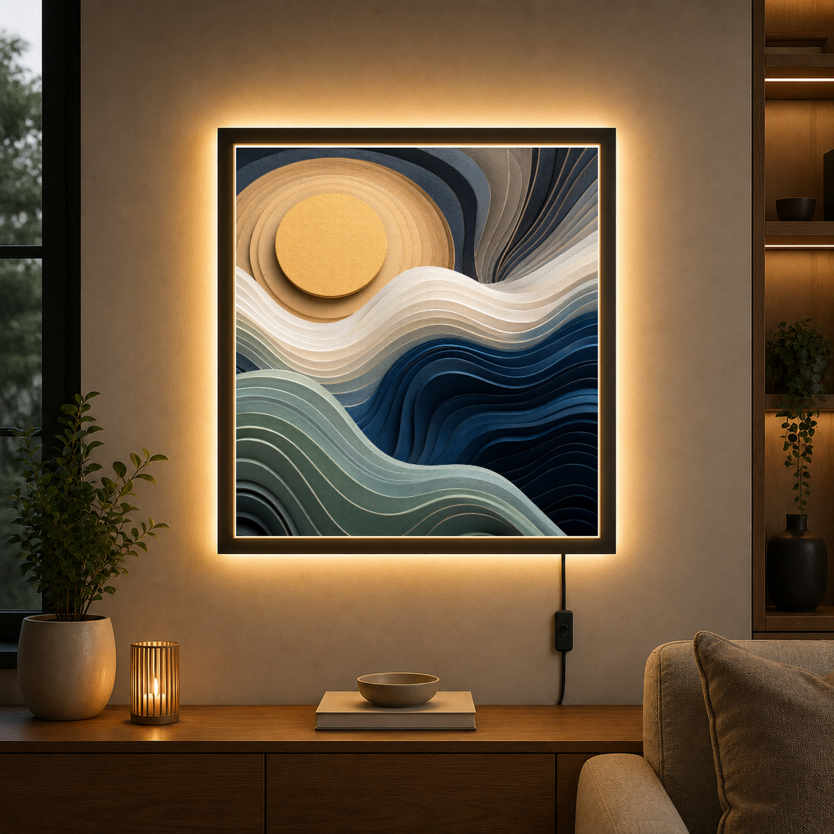 Luminous Waves Under Golden Sun – Golden sun melts into deep blue waves – Acrylic Glowing Frame - Artofied