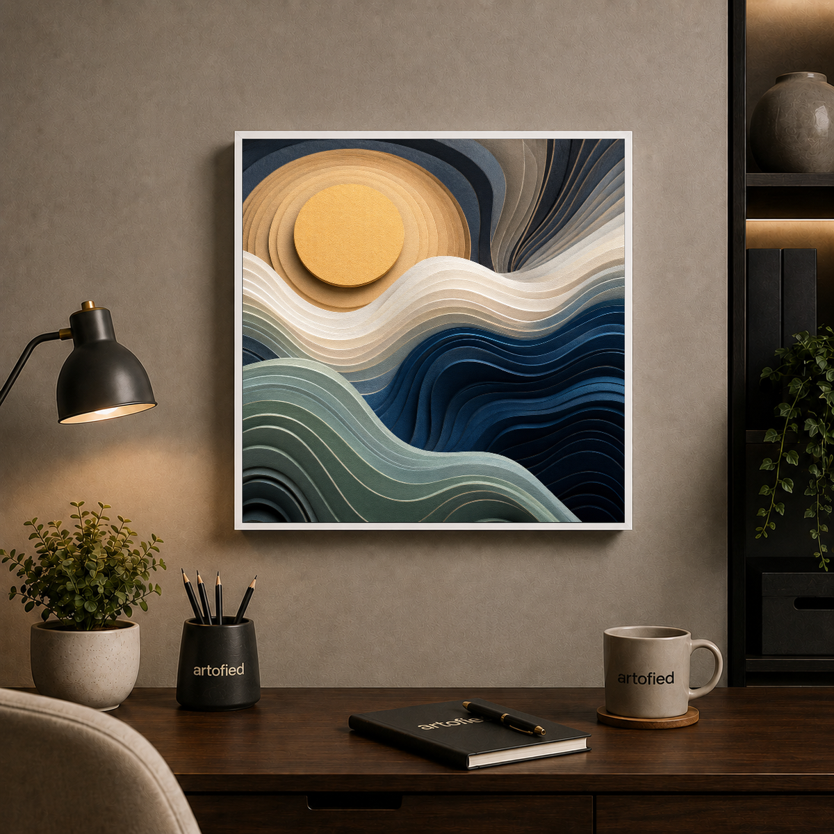 Luminous Waves Under Golden Sun – Golden sun melts into deep blue waves – Framed Metal Poster - Artofied