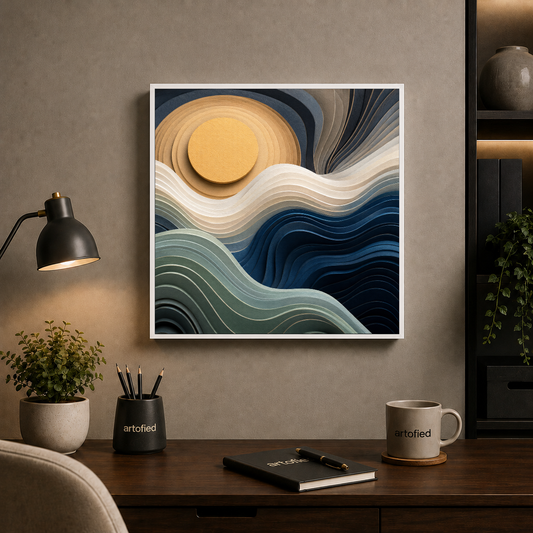 Luminous Waves Under Golden Sun – Golden sun melts into deep blue waves – Framed Metal Poster - Artofied