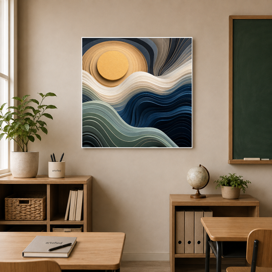 Luminous Waves Under Golden Sun – Golden sun melts into deep blue waves – Premium Metal Poster - Artofied