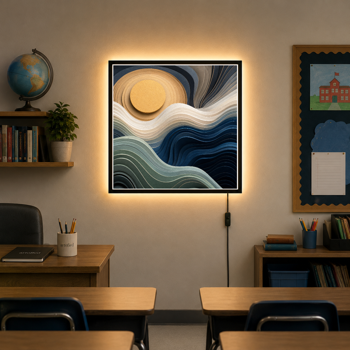 Luminous Waves Under Golden Sun – Golden sun melts into deep blue waves – Photo Frame Wall Lamp - Artofied