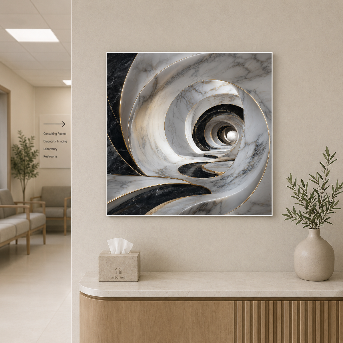 Marble Spiral: Light Through Stone – Spiraling shadow and marble reveal depth – Premium Metal Poster - Artofied