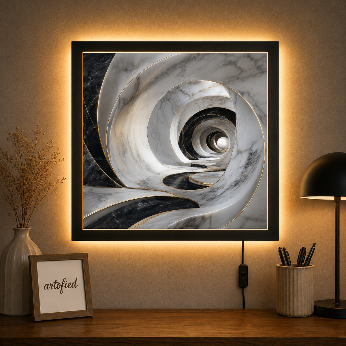 Marble Spiral: Light Through Stone – Spiraling shadow and marble reveal depth – Photo Frame Wall Lamp - Artofied