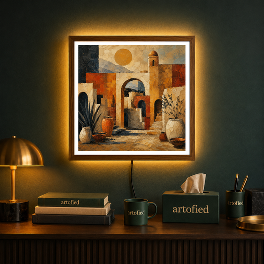 Mediterranean Courtyard at Golden Hour – Golden hour burnishes stone into warmth – Acrylic Glowing Frame - Artofied