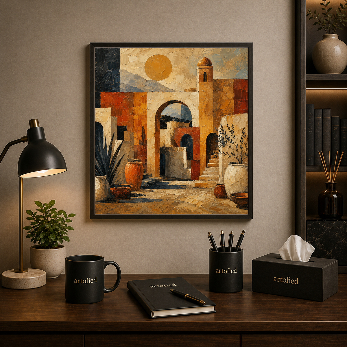 Mediterranean Courtyard at Golden Hour – Golden hour burnishes stone into warmth – Framed Metal Poster - Artofied