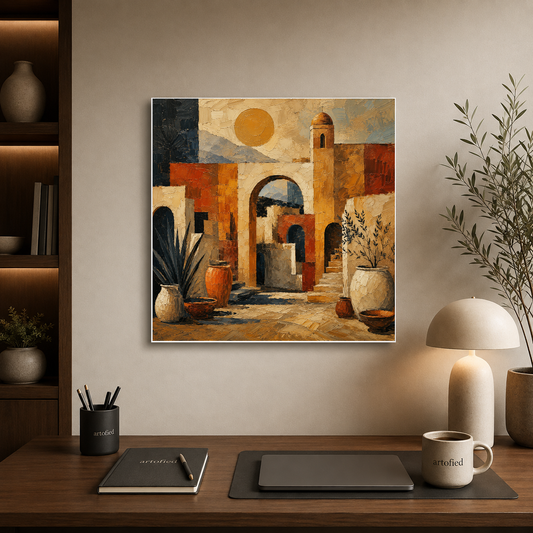 Mediterranean Courtyard at Golden Hour – Golden hour burnishes stone into warmth – Premium Metal Poster - Artofied