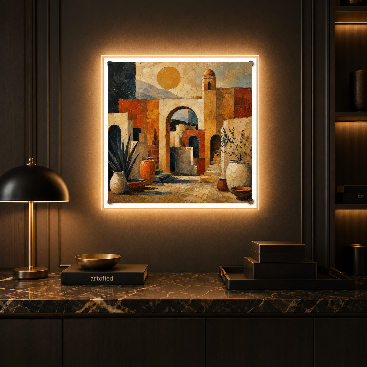 Mediterranean Courtyard at Golden Hour – Golden hour burnishes stone into warmth – Photo Frame Wall Lamp - Artofied
