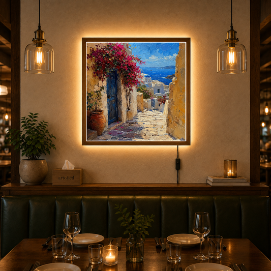 Mediterranean Courtyard with Blooming Bougainvillea – Magenta blooms against weathered ochre walls – Acrylic Glowing Frame - Artofied