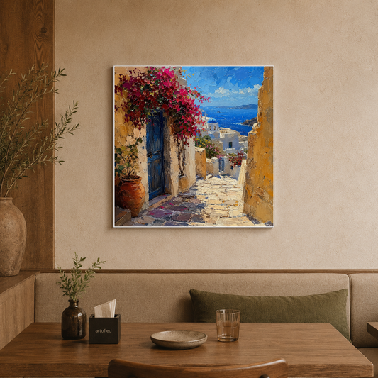 Mediterranean Courtyard with Blooming Bougainvillea – Magenta blooms against weathered ochre walls – Premium Metal Poster - Artofied