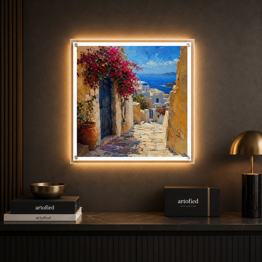 Mediterranean Courtyard with Blooming Bougainvillea – Magenta blooms against weathered ochre walls – Photo Frame Wall Lamp - Artofied