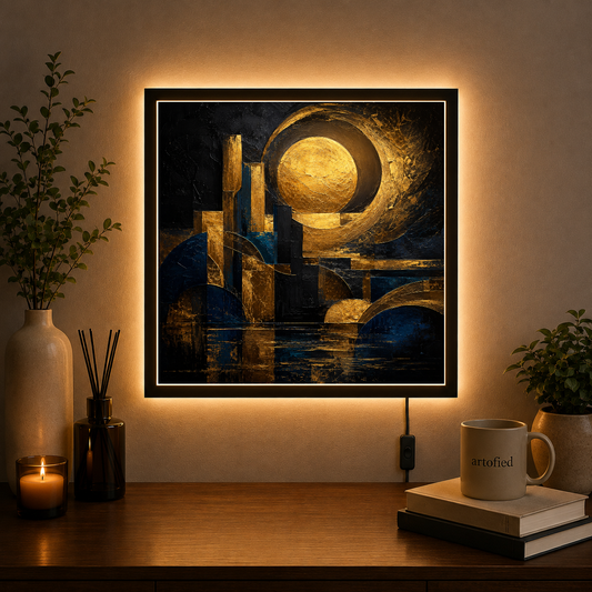 Moon Through Golden Geometry – Gold geometry frames the indigo night. – Acrylic Glowing Frame - Artofied