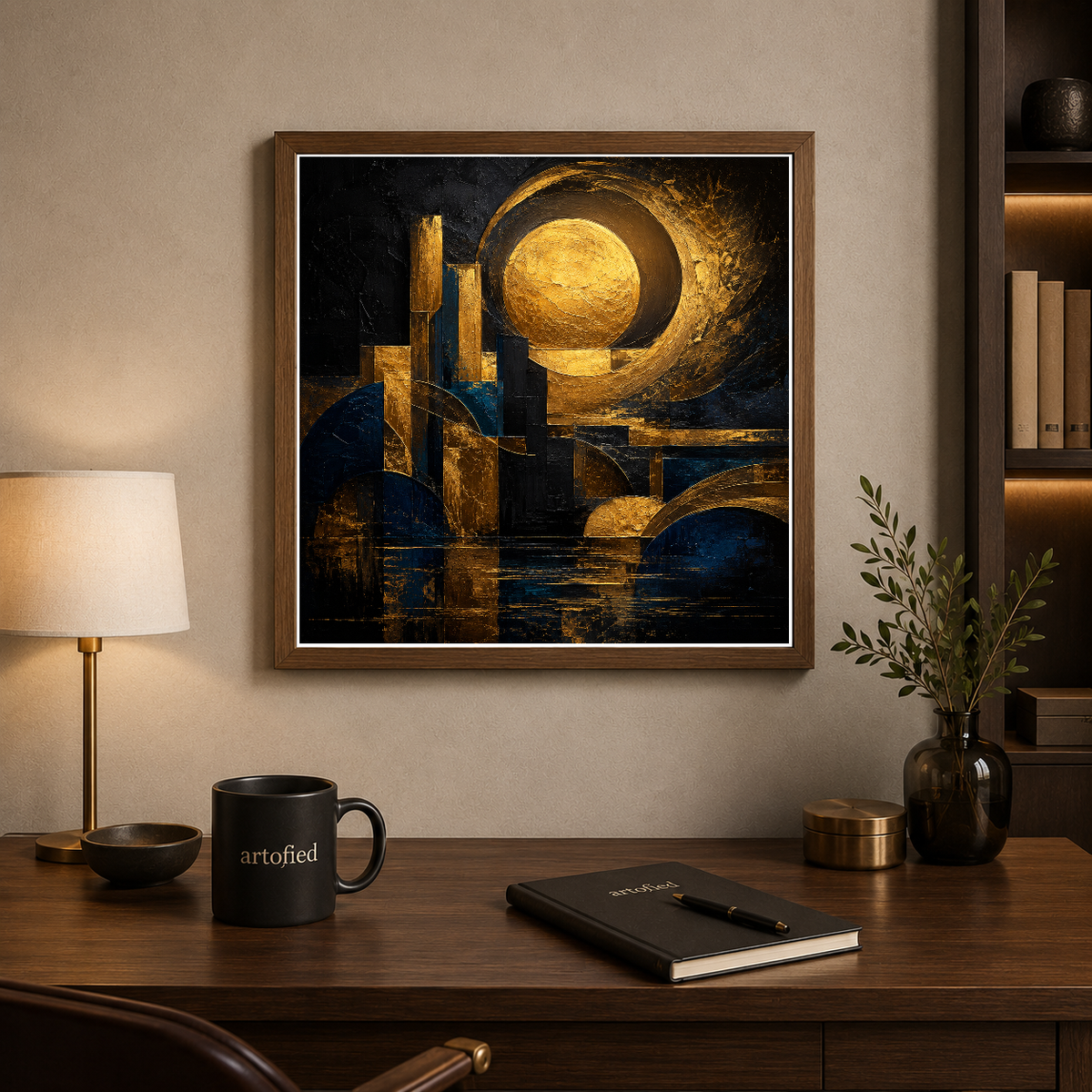 Moon Through Golden Geometry – Gold geometry frames the indigo night. – Framed Metal Poster - Artofied