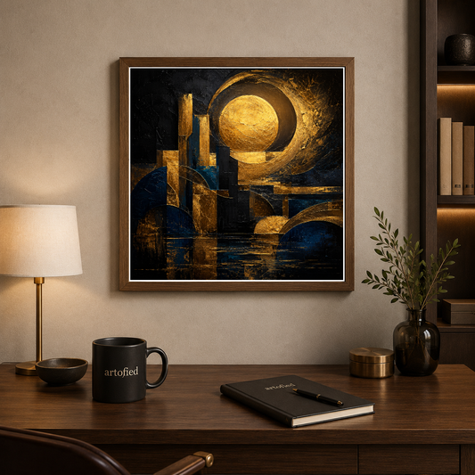 Moon Through Golden Geometry – Gold geometry frames the indigo night. – Framed Metal Poster - Artofied