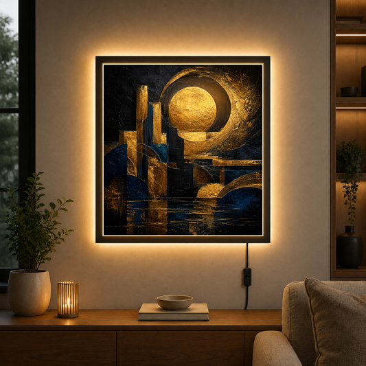 Moon Through Golden Geometry – Gold geometry frames the indigo night. – Photo Frame Wall Lamp - Artofied