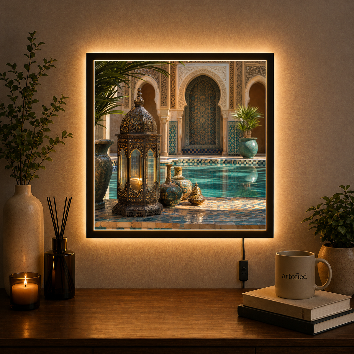 Moroccan Courtyard with Ornate Lantern – Golden light pools in blue-tiled silence – Acrylic Glowing Frame - Artofied