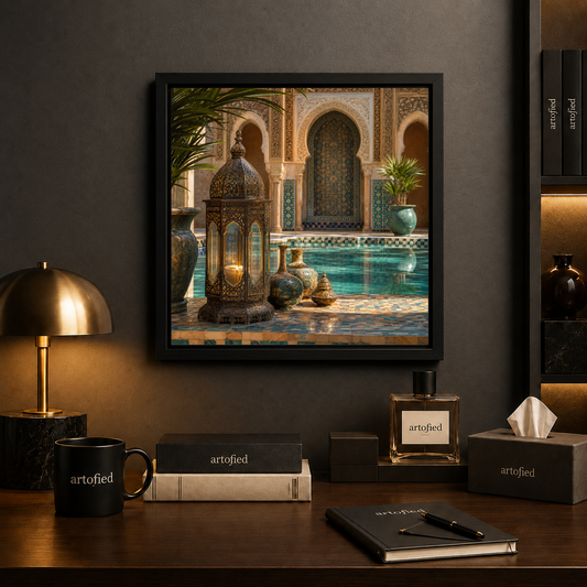 Moroccan Courtyard with Ornate Lantern – Golden light pools in blue-tiled silence – Framed Metal Poster - Artofied
