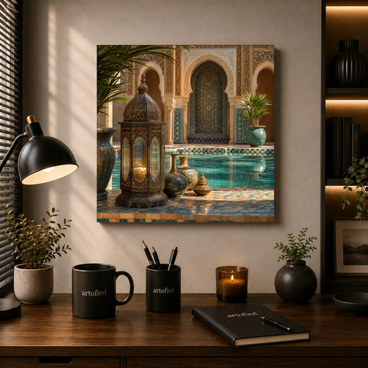 Moroccan Courtyard with Ornate Lantern – Golden light pools in blue-tiled silence – Premium Metal Poster - Artofied