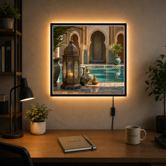 Moroccan Courtyard with Ornate Lantern – Golden light pools in blue-tiled silence – Photo Frame Wall Lamp - Artofied
